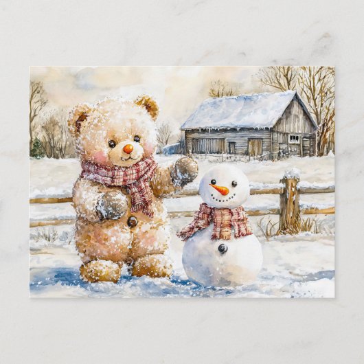 Teddy Bear Building a Snowman ポストカード (正面)
