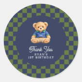 Teddy Bear Checkboard Retro Birthday ラウンドシール (正面)