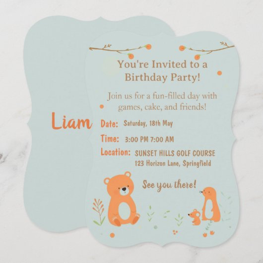 Teddy Bear Childish Birthday Invitation Card  招待状 (正面/裏面)