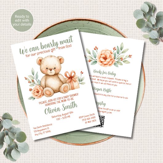 Teddy Bear Christian Baby Shower オールインワンQR 招待状