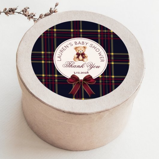 Teddy Bear Christmas Bow Plaid Thank you ラウンドシール