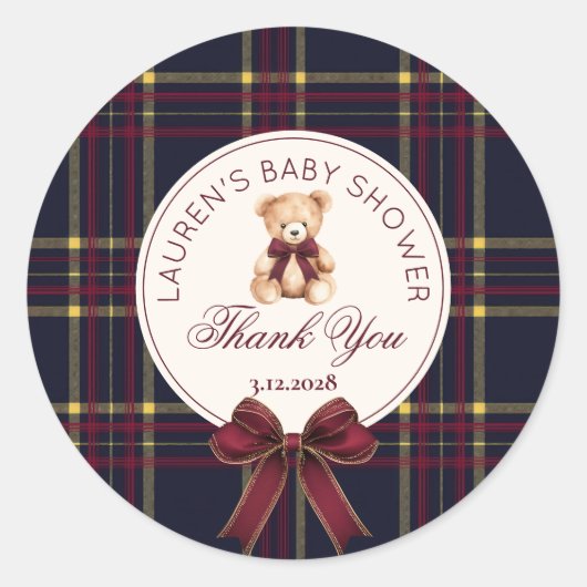 Teddy Bear Christmas Bow Plaid Thank you ラウンドシール (正面)