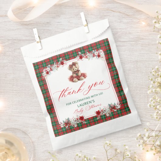 Teddy Bear Christmas Girl Baby Shower Thank You フェイバーバッグ (クリップ留めされた状態)