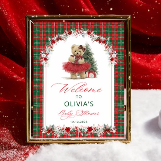Teddy Bear Christmas Girl Baby Shower Welcome ポスター