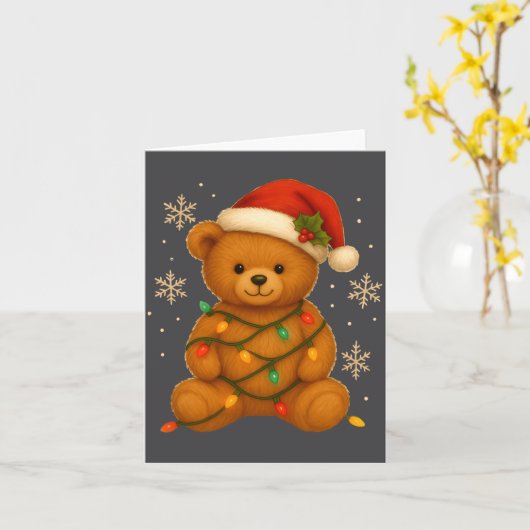 Teddy Bear Christmas Tree Lights Santa Hat For Bea カード (黄色い花)