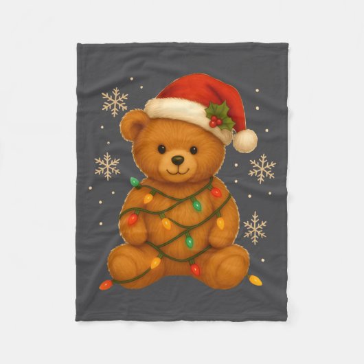 Teddy Bear Christmas Tree Lights Santa Hat For Bea フリースブランケット (正面)