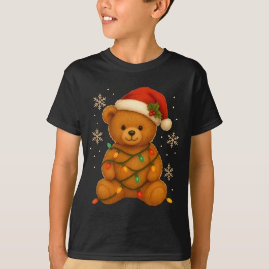 Teddy Bear Christmas Tree Lights Santa Hat For Bea Tシャツ (正面)