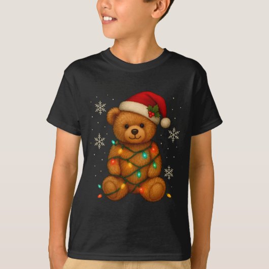 Teddy Bear Christmas Tree Lights Santa Hat For Bea Tシャツ (正面)