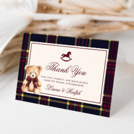 Teddy Bear Classic Burgundy Plaid Baby Shower サンキューカード