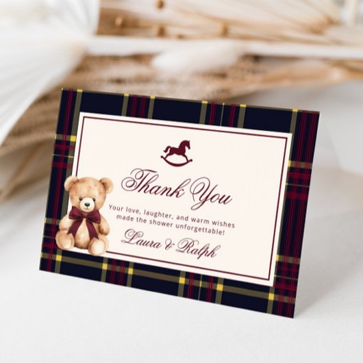 Teddy Bear Classic Burgundy Plaid Baby Shower サンキューカード