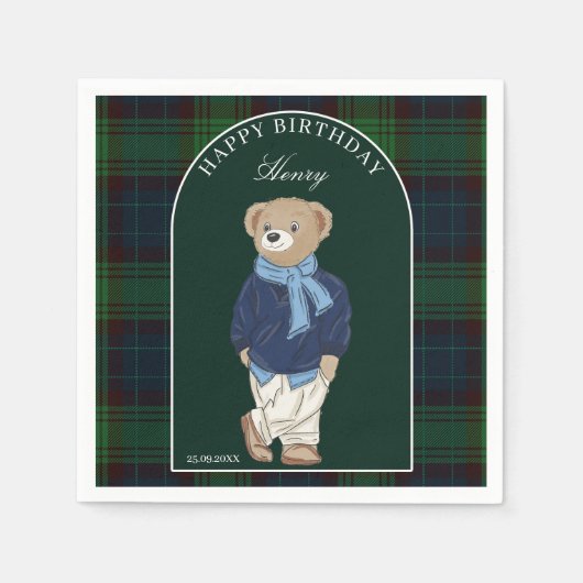 Teddy bear classic plaid birthday party custom スタンダードカクテルナプキン (正面)