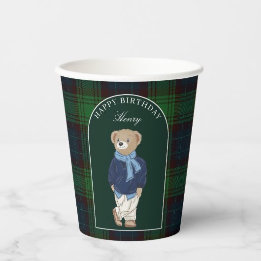 Teddy bear classic plaid birthday party custom 紙コップ (正面)