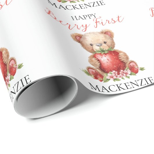 Teddy Bear Custom Name Berry First Birthday ラッピングペーパー (ロールコーナー)