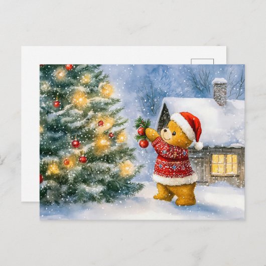 Teddy Bear Decorating a Christmas Tree in snowing  ポストカード (正面/裏面)