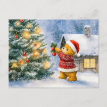 Teddy Bear Decorating a Christmas Tree in snowing 