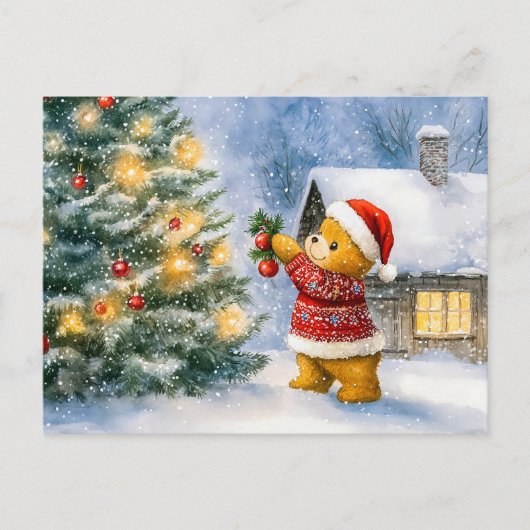 Teddy Bear Decorating a Christmas Tree in snowing  ポストカード (正面)