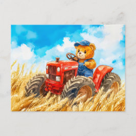 Teddy Bear Driving a Tractor in Wheat Field ポストカード