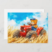  Teddy Bear Driving a Tractor in Wheat Field ポストカード (正面/裏面)