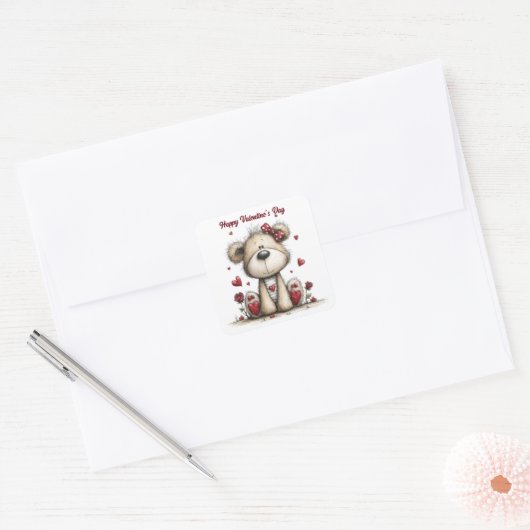 Teddy Bear Duo with Heart Accents Envelope Seals スクエアシール (封筒)