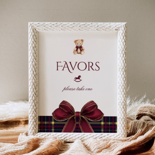 Teddy Bear Favors Red Gold Bow Plaid ポスター