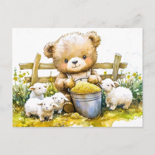 Teddy Bear Feeding Sheep on Farm ポストカード (正面)