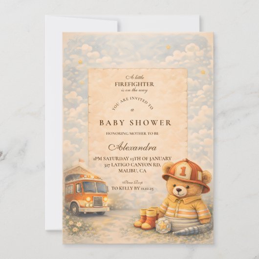 Teddy Bear Firefighter Baby Shower 招待状 (正面)