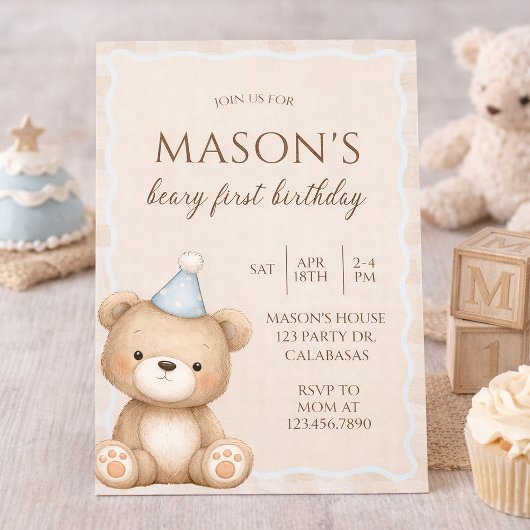 Teddy Bear First Birthday Invitation, Beary First 招待状