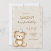 Teddy Bear First Birthday Invitation, Beary First 招待状 (正面)