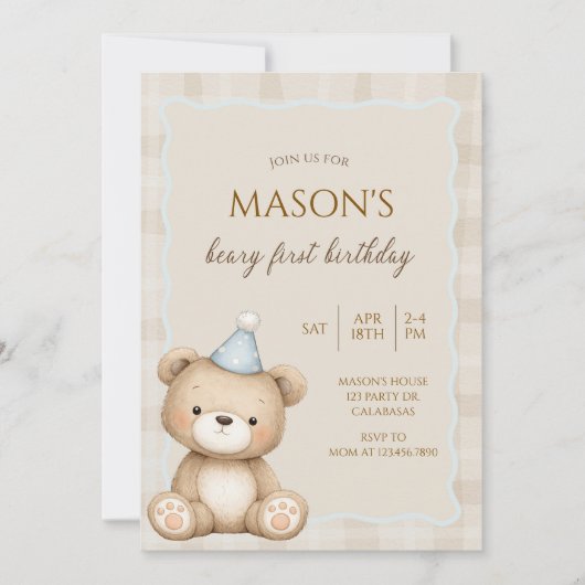 Teddy Bear First Birthday Invitation, Beary First  招待状 (正面)