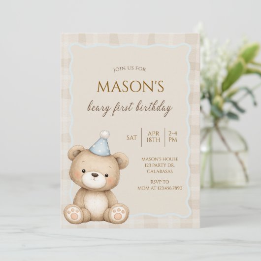 Teddy Bear First Birthday Invitation, Beary First  招待状 (スタンド正面)