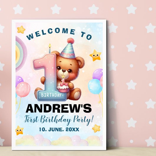 Teddy Bear First Birthday Poster | Nursery & Party ポスター