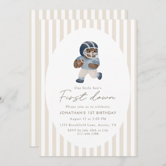 Teddy bear First Down Football First Birthday 招待状 (正面/裏面)