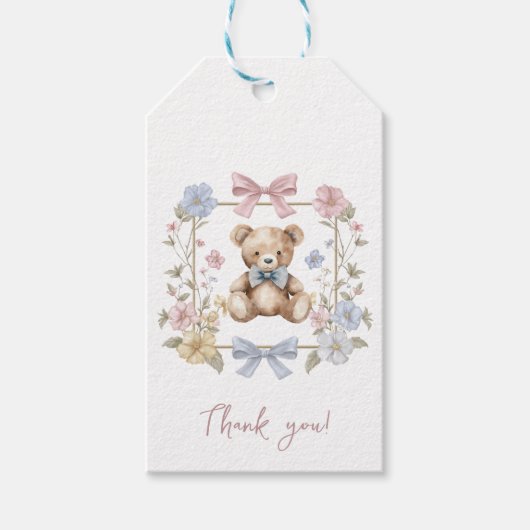 Teddy Bear Floral Wreath Baby Shower Thank You ギフトタグ (正面)