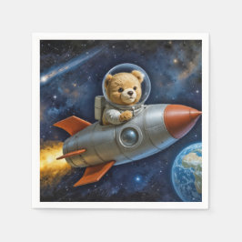 Teddy Bear Flying In a Rocket Ship スタンダードカクテルナプキン