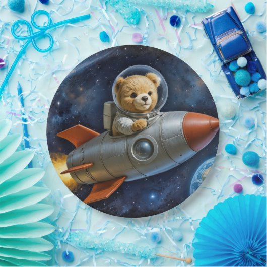 Teddy Bear Flying In a Rocket Ship ペーパープレート (パーティー)