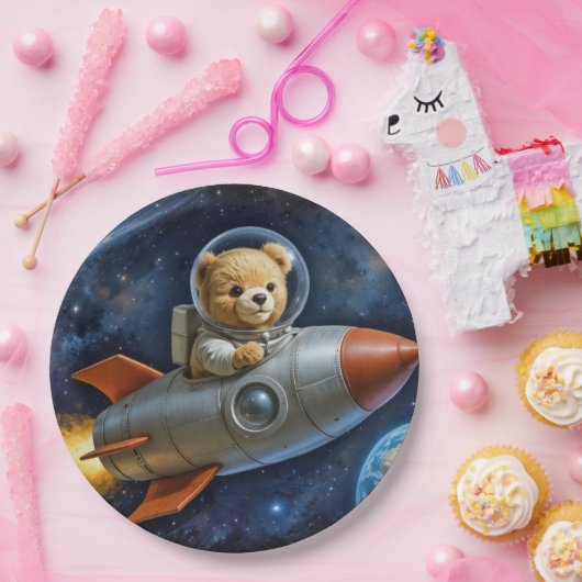 Teddy Bear Flying In a Rocket Ship ペーパープレート (パーティー)