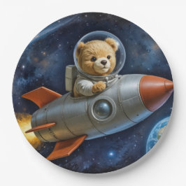 Teddy Bear Flying In a Rocket Ship ペーパープレート