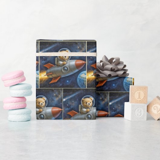 Teddy Bear Flying In a Rocket Ship ラッピングペーパー (ベビーシャワー)