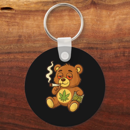 Teddy Bear Funny Weed Smoking Bear With Joint Leaf キーホルダー (正面)