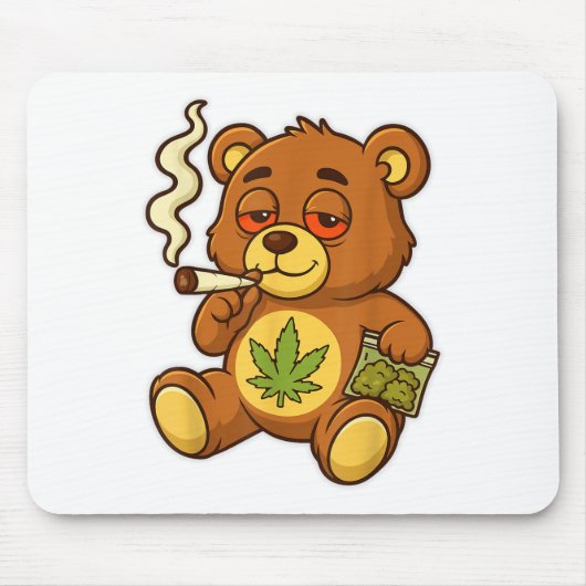 Teddy Bear Funny Weed Smoking Bear With Joint Leaf マウスパッド (正面)