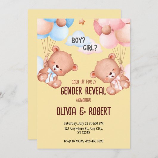 Teddy Bear Genderが招待状バルーンを表示 招待状 (正面/裏面)