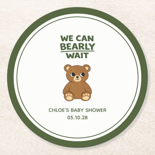 Teddy Bear Gender Neutral Minimalist Baby Shower ラウンドペーパーコースター (正面)