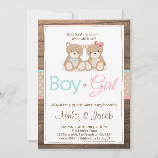 Teddy bear Gender reveal invitation Boy or Girl 招待状 (正面)