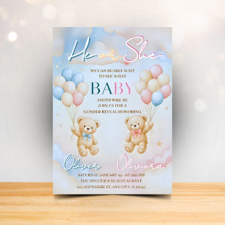 Teddy Bear Gender Reveal Invitation He or She 招待状