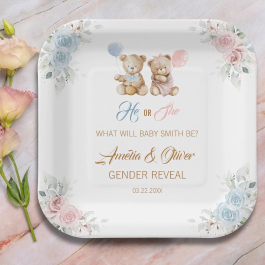 Teddy Bear Gender Reveal Pastel Florals ペーパープレート