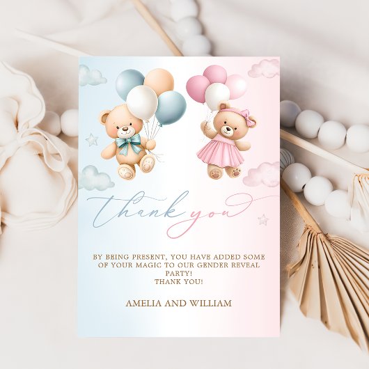 Teddy Bear Gender Reveal Thank You Card カード