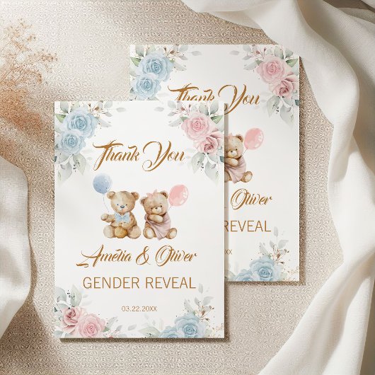 Teddy Bear Gender Reveal Thank You Pastel Florals サンキューカード