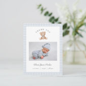 Teddy Bear Gingham Baby Boy Birth Announcement ポストカード (スタンド正面)