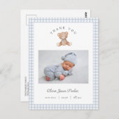 Teddy Bear Gingham Baby Boy Birth Announcement ポストカード (正面/裏面)