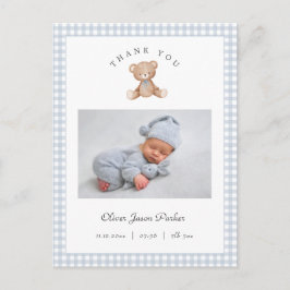 Teddy Bear Gingham Baby Boy Birth Announcement ポストカード